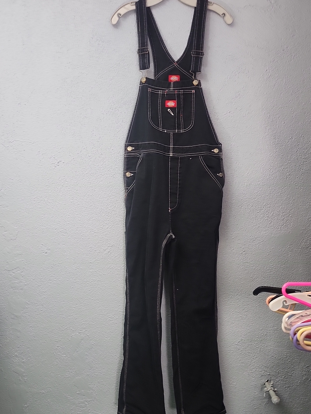 Dickies Unisex Black Denim Overalls with Contrast White Stitching